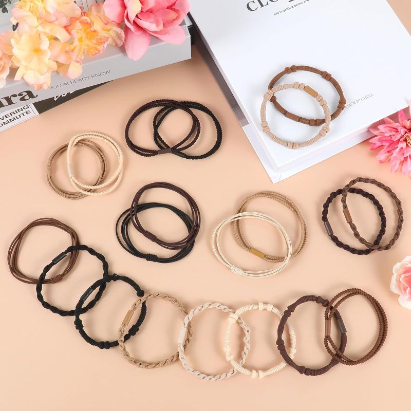 Photo 1 of Boho Hair Ties, 20 PCS of 4 Styles Cute Bands for Thick or Thin Hair, No Damage Elastic Bracelets, Brown Hair Accessories for Girls and Women