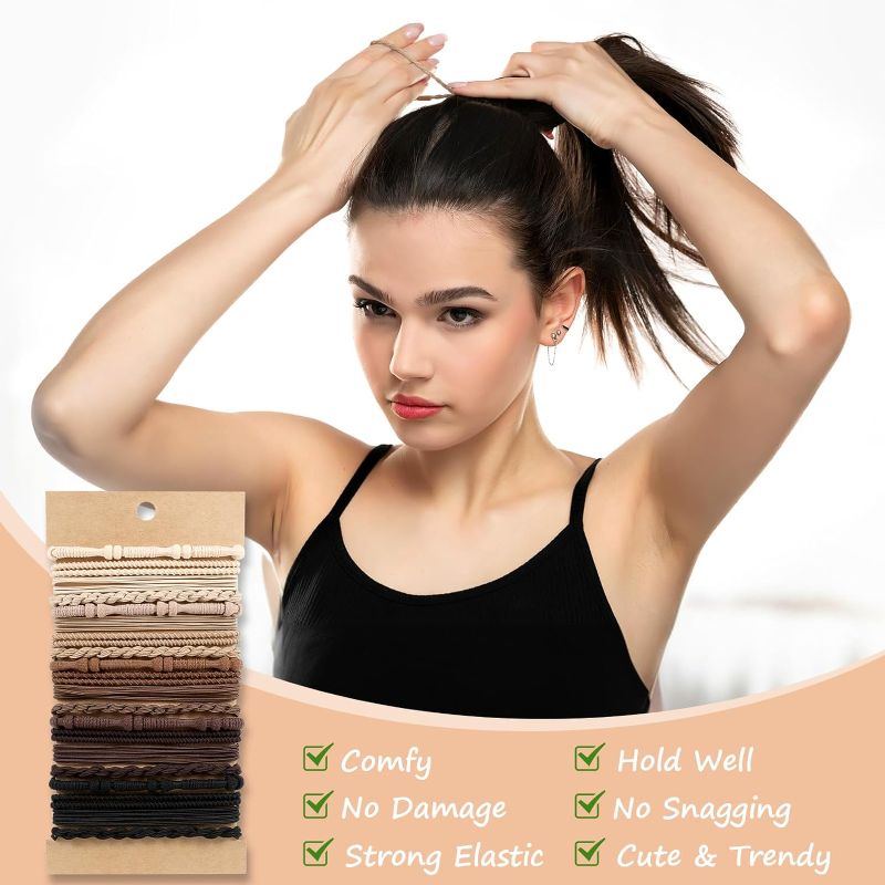 Photo 1 of Boho Hair Ties, 20 PCS of 4 Styles Cute Bands for Thick or Thin Hair, No Damage Elastic Bracelets, Brown Hair Accessories for Girls and Women