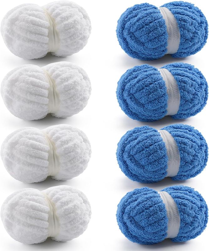 Photo 1 of 8 Pack Chunky Yarn for Hand Knitting - Chunky Chenille Yarn for Crocheting - Fluffy Yarns for Crochet - Jumbo Yarns for Hand Knitting 28.4 Yds 7.7 Oz Per Roll (8, White-Sky Blue)