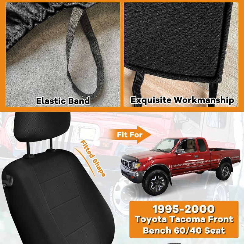 Photo 1 of Truck Seat Cover Compatible with 1995-2000 Toyota Tacoma, Knitted Front Bench 60/40 Seat Covers with 2 Headrests and Center Console, Black