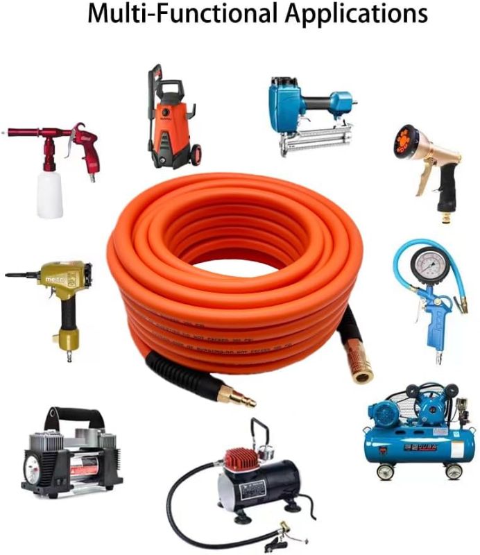 Photo 1 of 3/8-Inch Air Hose Air Compressor Hose 50FT 300 PSI Heavy Duty, Hybrid Lightweight, Kink Resistant, All-Weather Flexibility with 1/4-Inch Industrial Air Fittings and Bend Restrictors,Orange