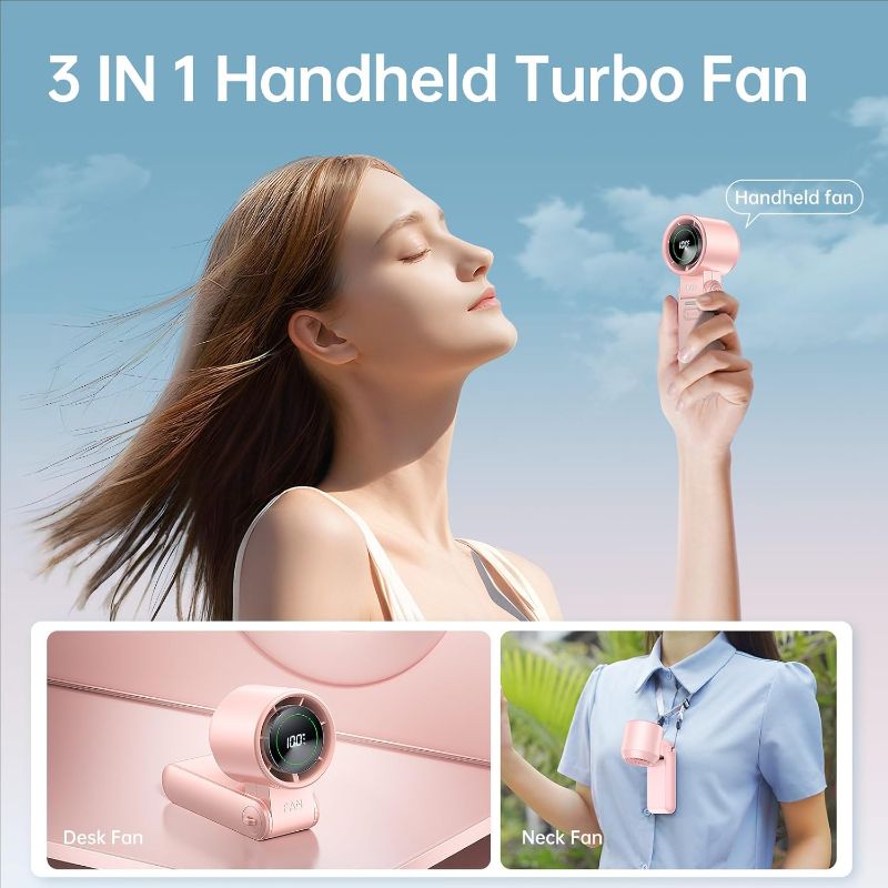 Photo 1 of 3-in-1 Portable Handheld Turbo Fan-100 Speeds, 13500RPM, 12Hrs Cooling, Digital Display, 120° Rotation, USB Rechargeable Mini Hand Held Personal Fan for Travel, Makeup, Outdoor, Indoor (Pink)