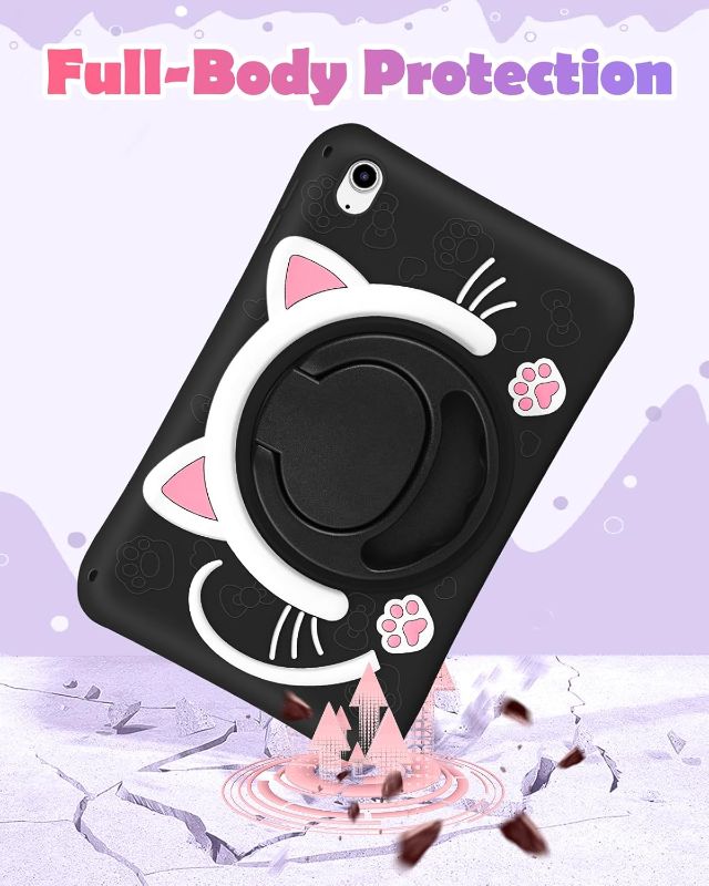 Photo 1 of for iPad A16 Case/10th Generation Case - Soft Silicone Tablet Cover for iPad 11th 11 Inch/10th 10.9 Inch Girls Women 3D Cartoon Cute Black Cat Kitten with Rotating Stand & Strap