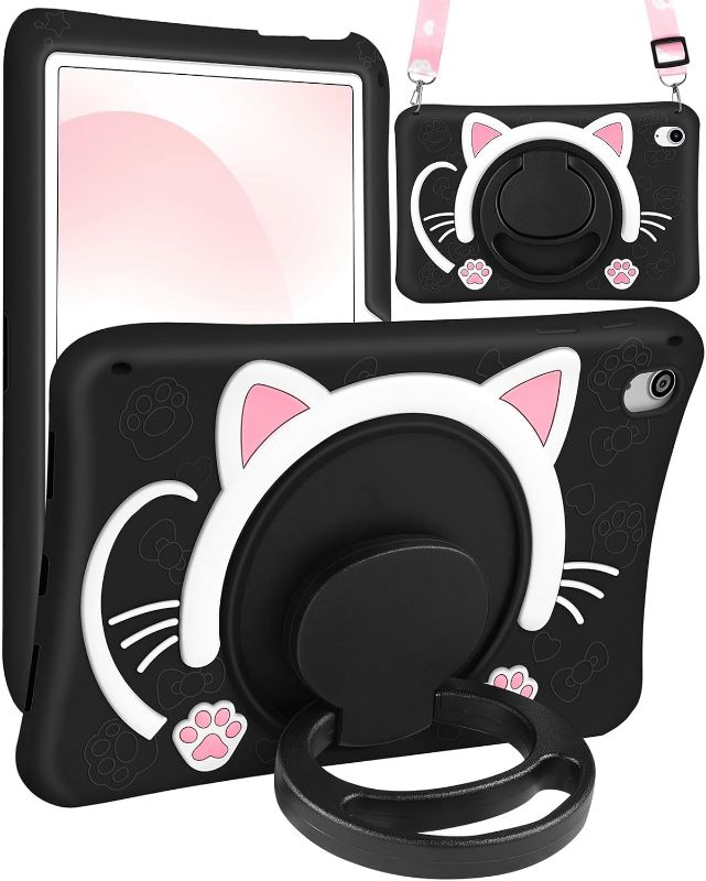 Photo 1 of for iPad A16 Case/10th Generation Case - Soft Silicone Tablet Cover for iPad 11th 11 Inch/10th 10.9 Inch Girls Women 3D Cartoon Cute Black Cat Kitten with Rotating Stand & Strap