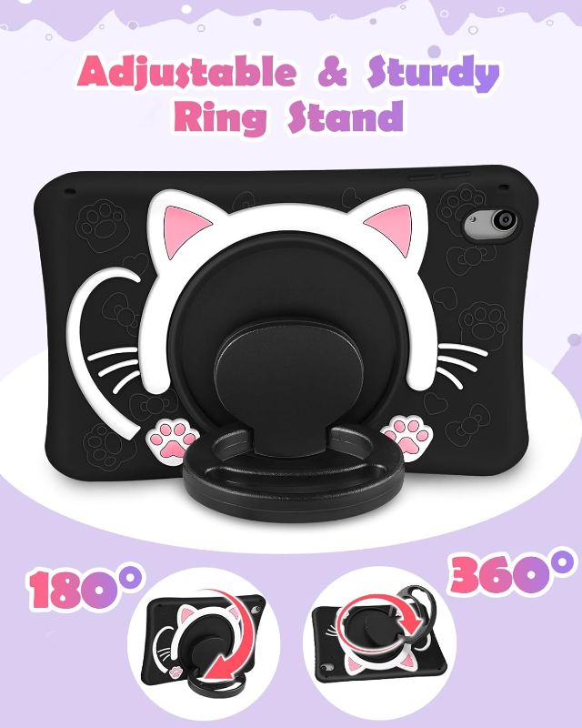Photo 1 of for iPad A16 Case/10th Generation Case - Soft Silicone Tablet Cover for iPad 11th 11 Inch/10th 10.9 Inch Girls Women 3D Cartoon Cute Black Cat Kitten with Rotating Stand & Strap