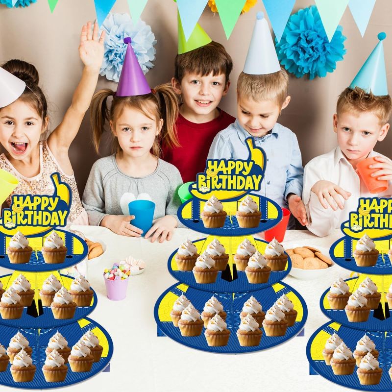 Photo 1 of 3 Tier Yellow Birthday Cupcake Stand Party Decorations, Yellow Cartoon Dessert Cupcake Stand Party Supplies