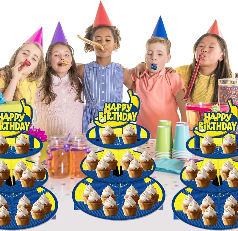 Photo 1 of 3 Tier Yellow Birthday Cupcake Stand Party Decorations, Yellow Cartoon Dessert Cupcake Stand Party Supplies