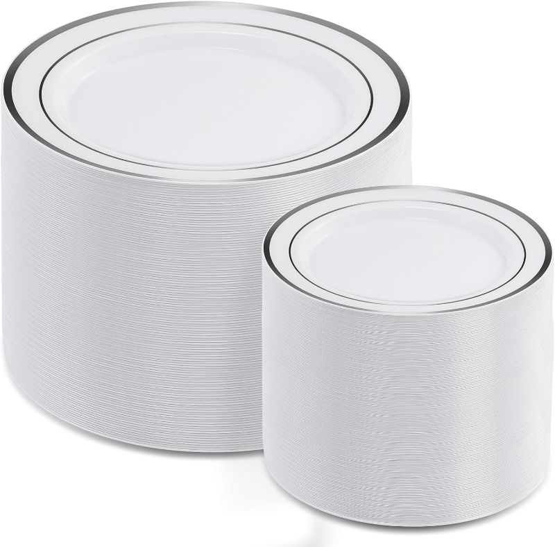 Photo 1 of AOZITA 200Pcs Silver Plastic Plates, Disposable Plastic Party Plates for Party, Wedding and Birthday