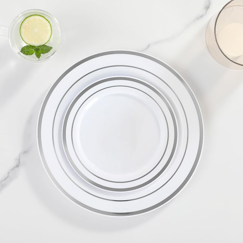Photo 1 of AOZITA 200Pcs Silver Plastic Plates, Disposable Plastic Party Plates for Party, Wedding and Birthday