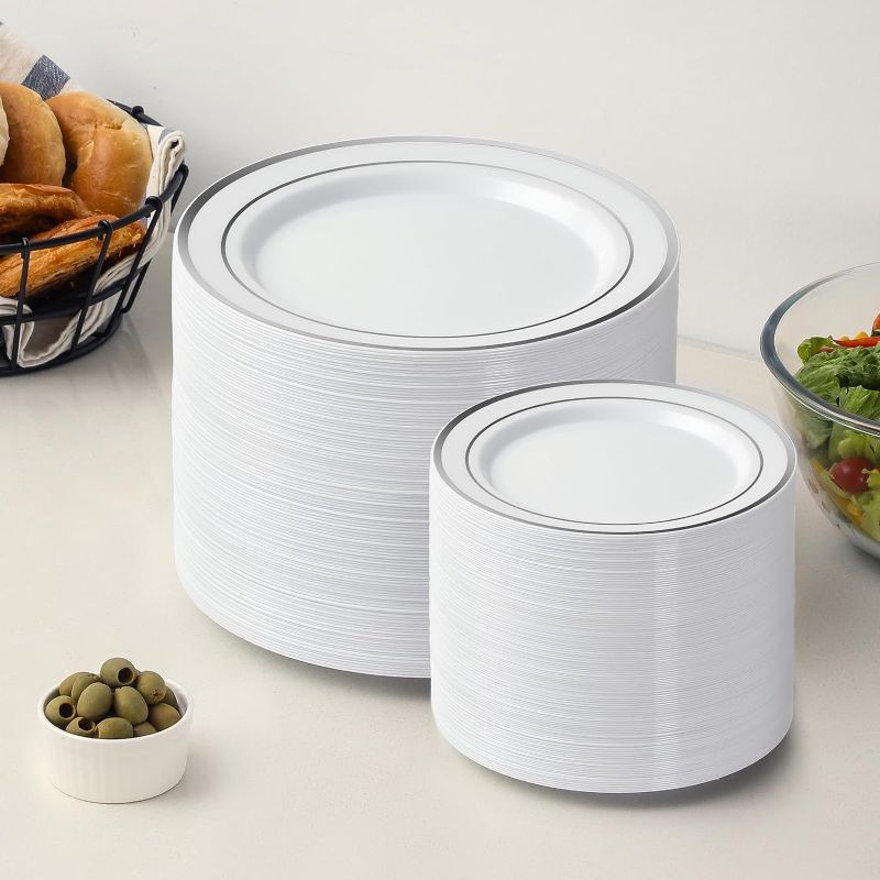 Photo 1 of AOZITA 200Pcs Silver Plastic Plates, Disposable Plastic Party Plates for Party, Wedding and Birthday