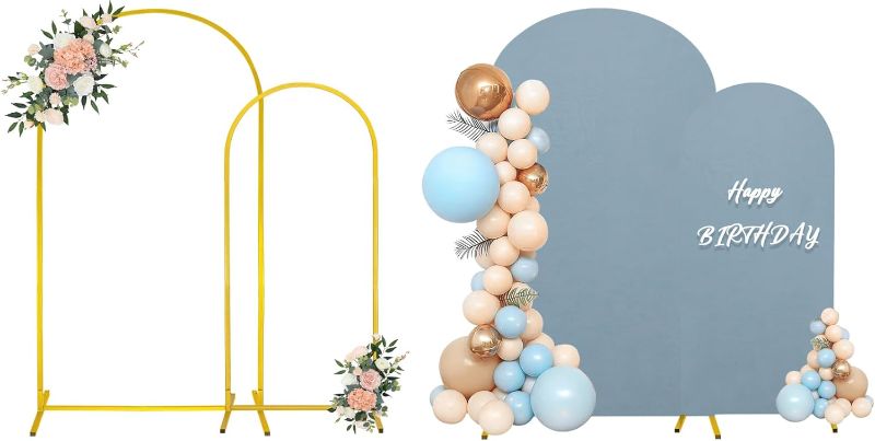 Photo 1 of 7.2FT, 6FT Wedding Arch Stand and Matching Dusty Blue Spandex Fitted Arch Backdrop Cover Set, Round Top Chiara Backdrop Stands and Covers for Birthday Party Baby Shower Arch Decor (Dusty Blue)