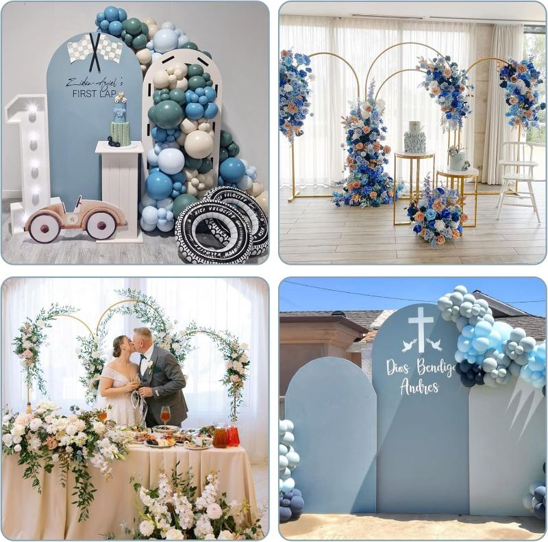 Photo 1 of 7.2FT, 6FT Wedding Arch Stand and Matching Dusty Blue Spandex Fitted Arch Backdrop Cover Set, Round Top Chiara Backdrop Stands and Covers for Birthday Party Baby Shower Arch Decor (Dusty Blue)