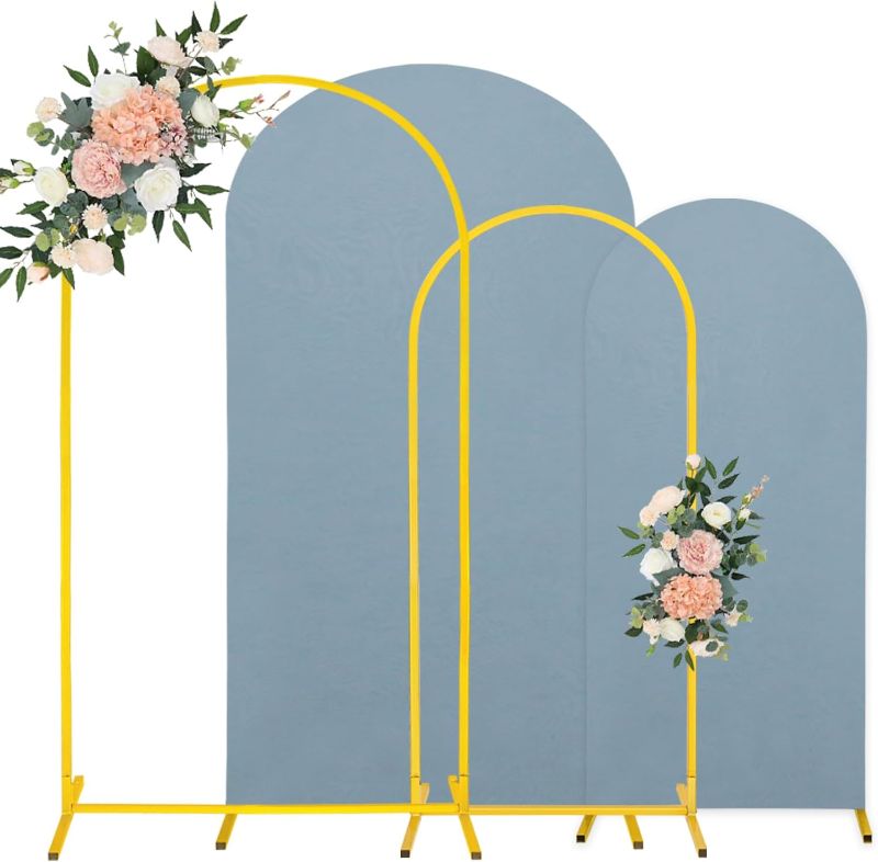 Photo 1 of 7.2FT, 6FT Wedding Arch Stand and Matching Dusty Blue Spandex Fitted Arch Backdrop Cover Set, Round Top Chiara Backdrop Stands and Covers for Birthday Party Baby Shower Arch Decor (Dusty Blue)