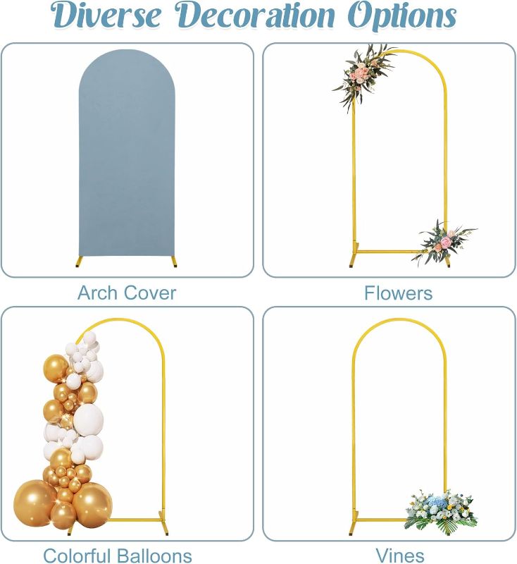 Photo 1 of 7.2FT, 6FT Wedding Arch Stand and Matching Dusty Blue Spandex Fitted Arch Backdrop Cover Set, Round Top Chiara Backdrop Stands and Covers for Birthday Party Baby Shower Arch Decor (Dusty Blue)