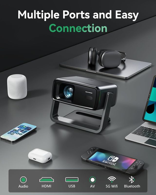 Photo 1 of Projector with WiFi and Bluetooth, Support Decoding Projector 4K, 1200 ANSI 180° Rotatable with Native 1080P Mini Projector, Auto Keystone, Portable Smart Outdoor Home Movie Projectors
