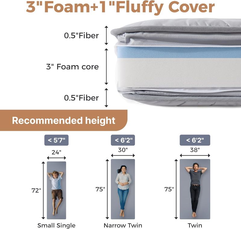 Photo 1 of 4Inch Cot Mattress Topper,Narrow Twin Gel Infused Memory Foam,Machine Washable Pillow Top Cover,Roll Up Floors Mat,Portable Folding Sleep Pad(75 X 30“)