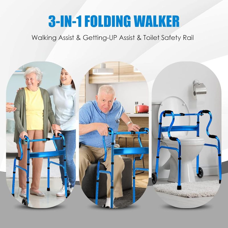 Photo 1 of Goplus 3-in-1 Stand-Assist Folding Walker with 5" Wheels, Heavy Duty Walking Mobility Aid Supports up to 440lbs, Can be Used as Toilet Safety Rail, Narrow Drive Walkers for Seniors Elderly Adult
