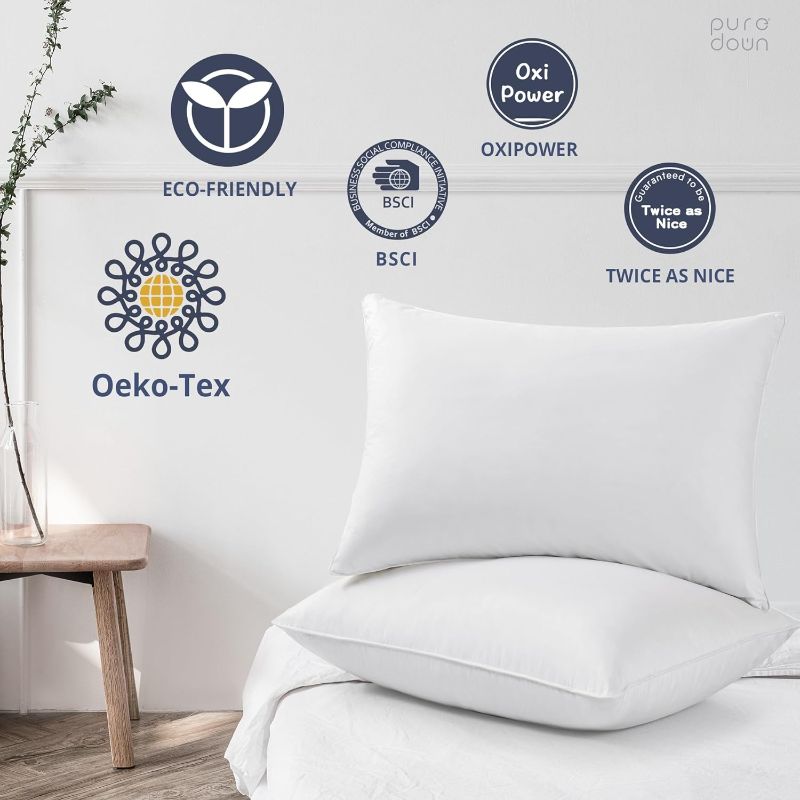 Photo 1 of puredown® Goose Feathers and Down White Pillows with 100% Cotton Cover, Bed Sleeping Hotel Collection Pillows Set of 2, Standard Size