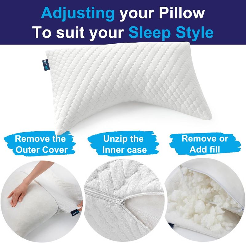 Photo 1 of Sidney Sleep Pillow for Side and Back Sleepers - Comfort for Neck and Shoulder Pain - Adjustable Contour Fill - Queen Size - Extra Fill Included (White)