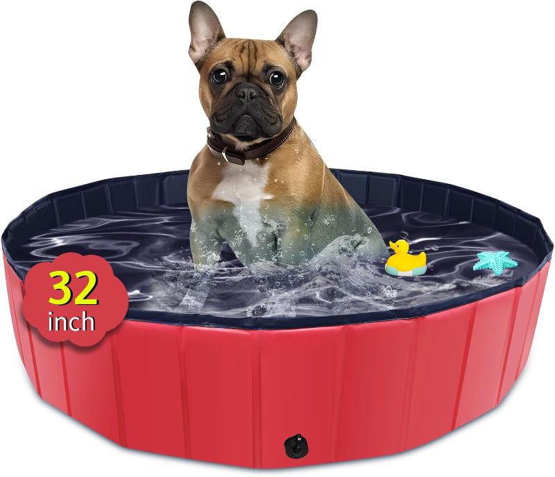 Photo 1 of Foldable Dog Pool, 32" x 8" Kiddie Pool with Hard Plastic, Non-Slip Dog Bath Tub for Outdoor Backyard, Collapsible Dog Swimming Pool for Kids Dogs Pets (Red)