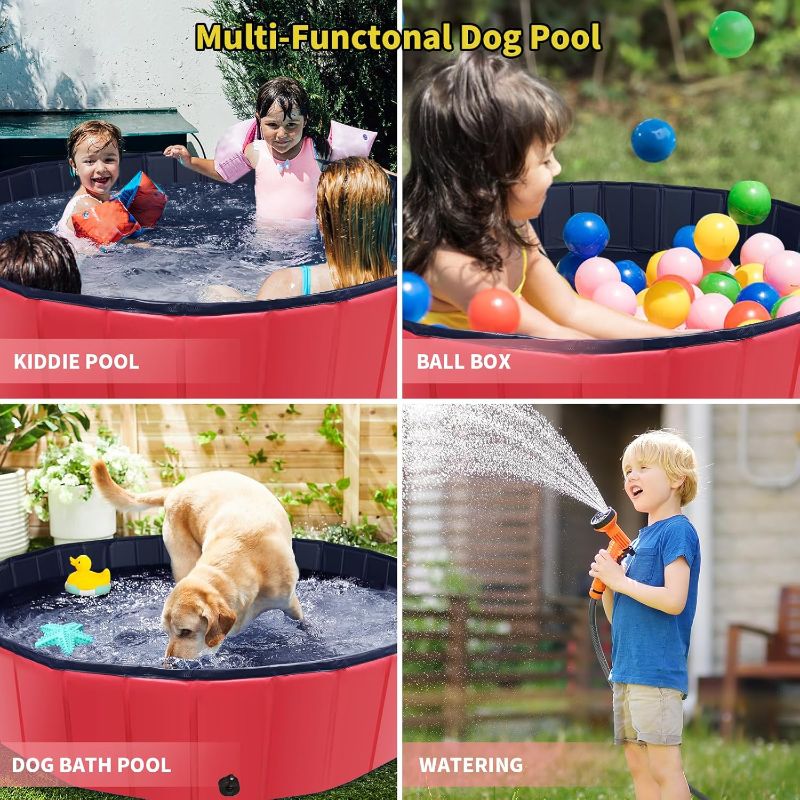 Photo 1 of Foldable Dog Pool, 32" x 8" Kiddie Pool with Hard Plastic, Non-Slip Dog Bath Tub for Outdoor Backyard, Collapsible Dog Swimming Pool for Kids Dogs Pets (Red)