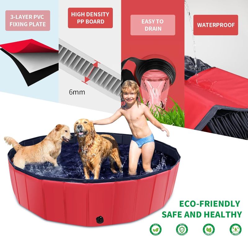 Photo 1 of Foldable Dog Pool, 32" x 8" Kiddie Pool with Hard Plastic, Non-Slip Dog Bath Tub for Outdoor Backyard, Collapsible Dog Swimming Pool for Kids Dogs Pets (Red)