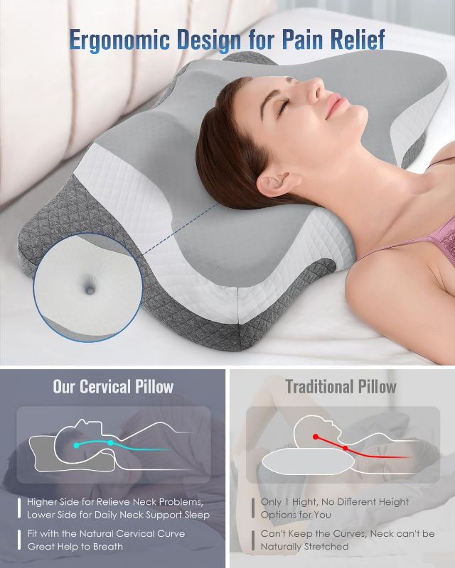 Photo 1 of DONAMA Cervical Neck Pillow for Sleeping, Ergonomic Memory Foam Pillows with Built-in/Removable Small Neck Support Pillow, Contour Bed Pillows for Side Back Stomach Sleepers with Pillowcase Queen Size