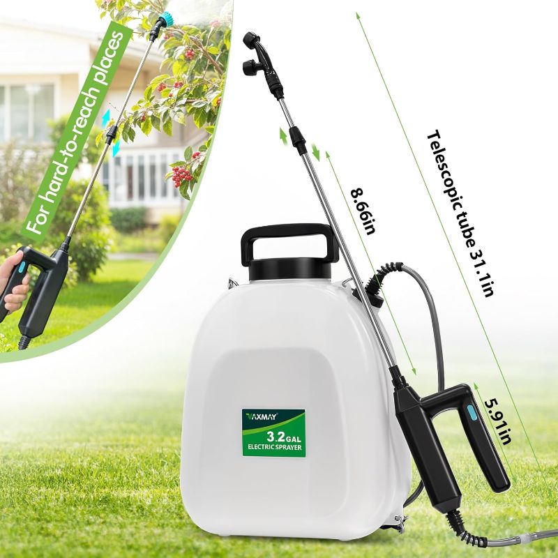 Photo 1 of Battery Powered Sprayer 3.2 Gallon, VAXMAY Backpack Sprayer with 5 Mist Nozzles, Electric Garden Sprayer with USB Rechargeable Handle 32" Retractable Wand Portable Weed Sprayer for Lawn, Garden, Yard