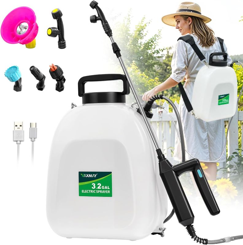 Photo 1 of Battery Powered Sprayer 3.2 Gallon, VAXMAY Backpack Sprayer with 5 Mist Nozzles, Electric Garden Sprayer with USB Rechargeable Handle 32" Retractable Wand Portable Weed Sprayer for Lawn, Garden, Yard