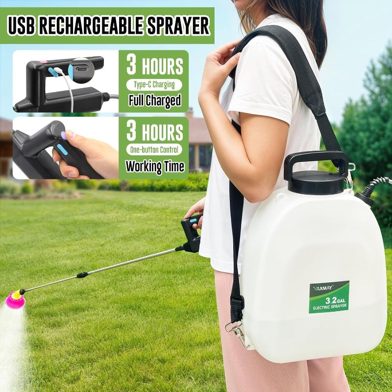 Photo 1 of Battery Powered Sprayer 3.2 Gallon, VAXMAY Backpack Sprayer with 5 Mist Nozzles, Electric Garden Sprayer with USB Rechargeable Handle 32" Retractable Wand Portable Weed Sprayer for Lawn, Garden, Yard