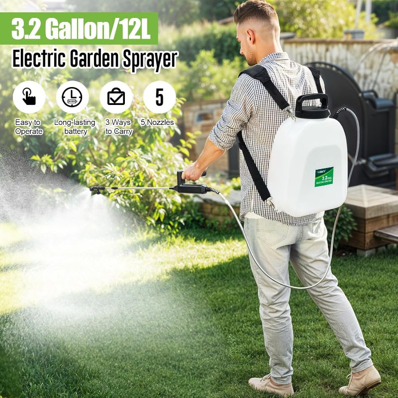 Photo 1 of Battery Powered Sprayer 3.2 Gallon, VAXMAY Backpack Sprayer with 5 Mist Nozzles, Electric Garden Sprayer with USB Rechargeable Handle 32" Retractable Wand Portable Weed Sprayer for Lawn, Garden, Yard
