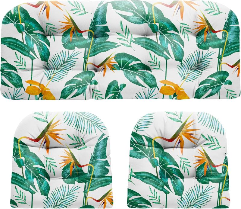 Photo 1 of Wicker Chair Cushions, Waterproof Outdoor Loveseat Cushions for Patio Furniture, Tufted Wicker Furniture Cushions, 1 Loveseat and 2 U-Shaped Cushions (Yellow Leaf)