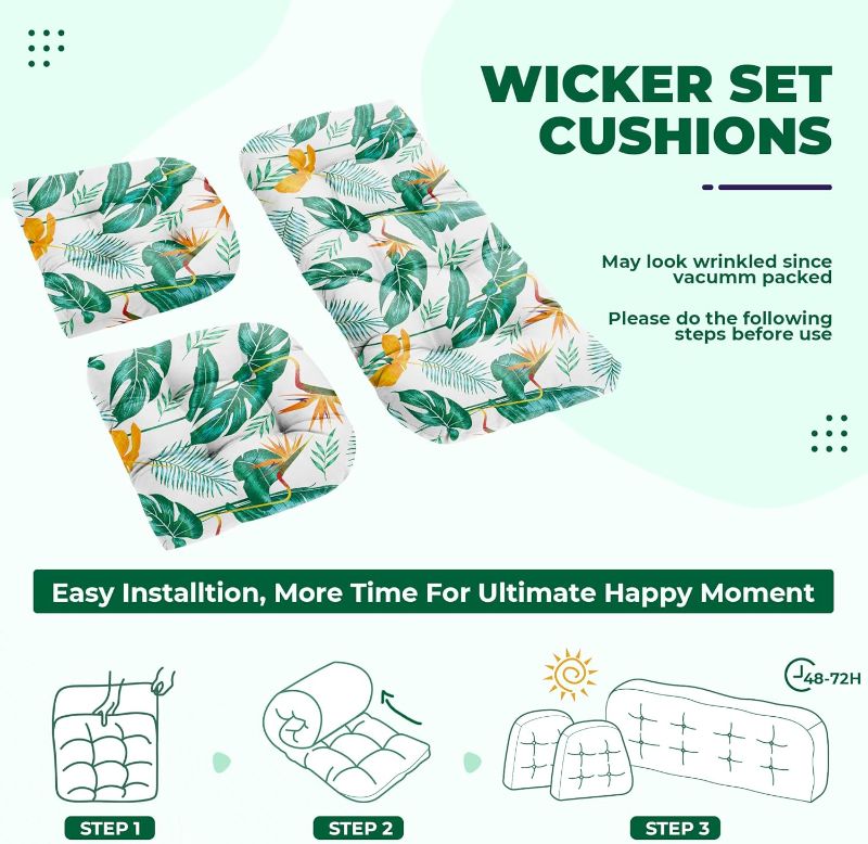 Photo 1 of Wicker Chair Cushions, Waterproof Outdoor Loveseat Cushions for Patio Furniture, Tufted Wicker Furniture Cushions, 1 Loveseat and 2 U-Shaped Cushions (Yellow Leaf)
