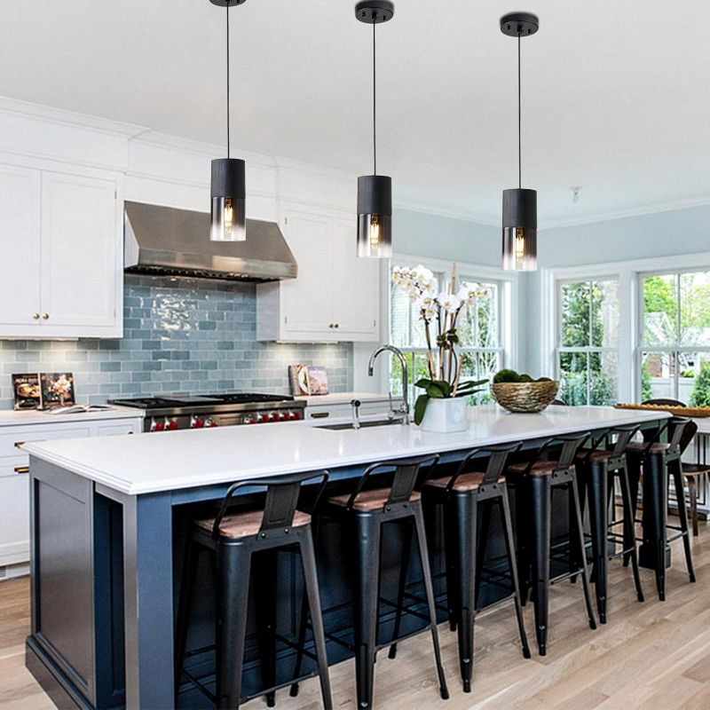 Photo 1 of 3-Pack Black Pendant Light Fixtures, Adjustable Modern Pendant Lights for Kitchen Island, Industrial Glass Pendant Lights for Dining Table Hallway Bedroom Living Room