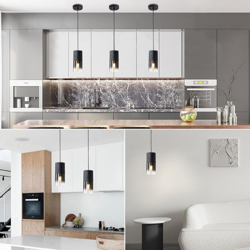 Photo 1 of 3-Pack Black Pendant Light Fixtures, Adjustable Modern Pendant Lights for Kitchen Island, Industrial Glass Pendant Lights for Dining Table Hallway Bedroom Living Room