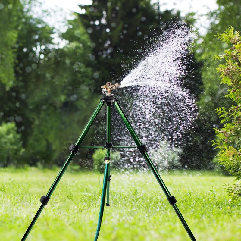 Photo 1 of Biswing Impact Sprinkler Head on Tripod Base, Heavy Duty Lawn Sprinklers, 360 Degree Large Area Irrigation, Brass Sprinkler Nozzle & Solid Alloy Metal Extension Legs Flip Locks, 2 Pack