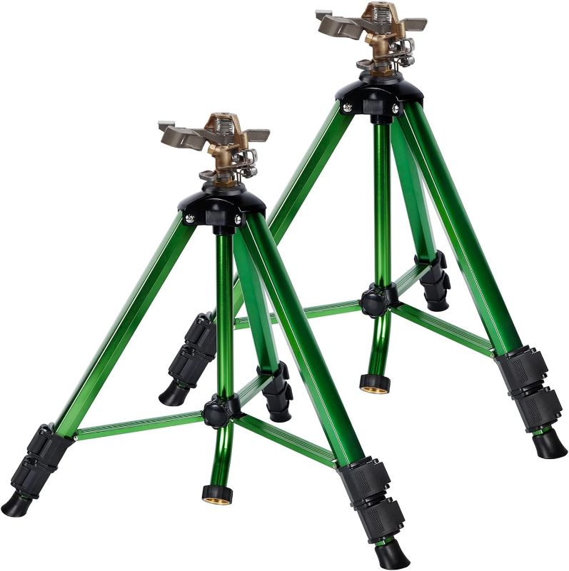 Photo 1 of Biswing Impact Sprinkler Head on Tripod Base, Heavy Duty Lawn Sprinklers, 360 Degree Large Area Irrigation, Brass Sprinkler Nozzle & Solid Alloy Metal Extension Legs Flip Locks, 2 Pack