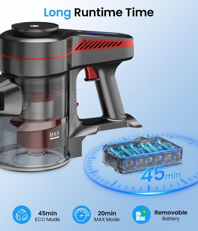 Photo 1 of Cordless Vacuum Cleaner, Stick Vacuum with Powerful Suction, 45Mins Runtime Vacuum Cleaners for Home, Anti-tangle and 1.5L Dust Cup, 6 in 1 Lightweight Vacuum for Hardwood Floor Carpet Pet Hair