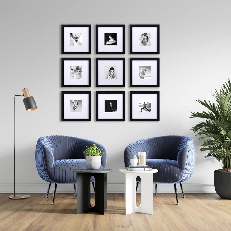 Photo 1 of Yaetm 8x8 Picture Frames Black Set of 9, Square 8x8 Frame Displays 4x4 with Mat or 8 x 8 without Mat, Gallery Wall Frames for Wall Mounted (9 Pack, Black)