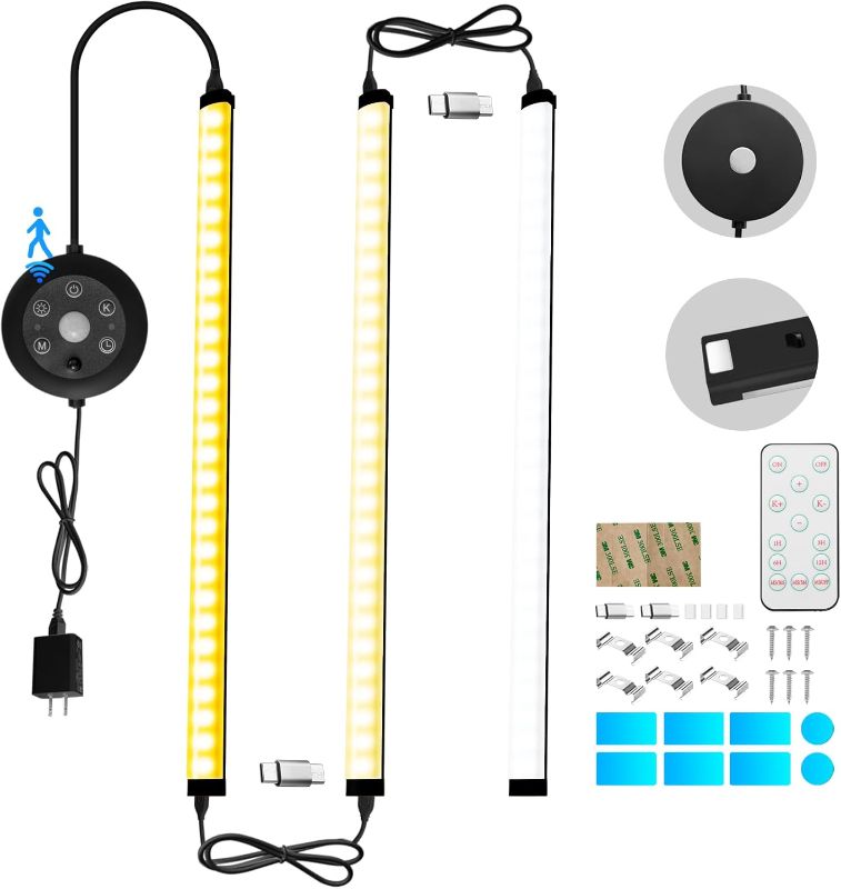 Photo 1 of Black Plug in Under Cabinet Light bar with Motion Sensor, Dimmable, Remote Control,Color and Brightness Adjustable, Magnet LED Strip Lights for Kitchen, Workbench, and Closet 2 PACK