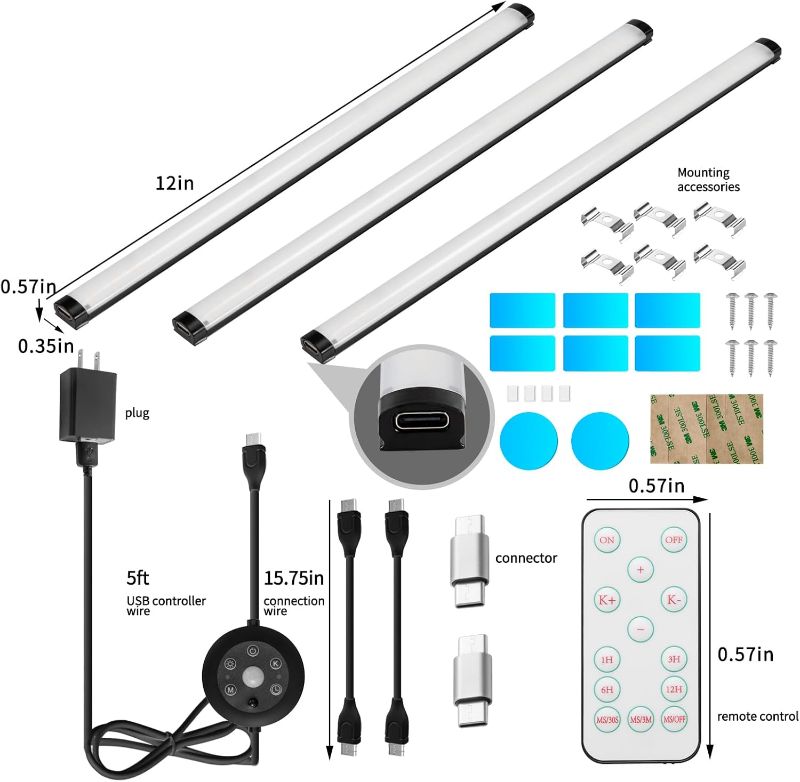 Photo 1 of Black Plug in Under Cabinet Light bar with Motion Sensor, Dimmable, Remote Control,Color and Brightness Adjustable, Magnet LED Strip Lights for Kitchen, Workbench, and Closet 2 PACK
