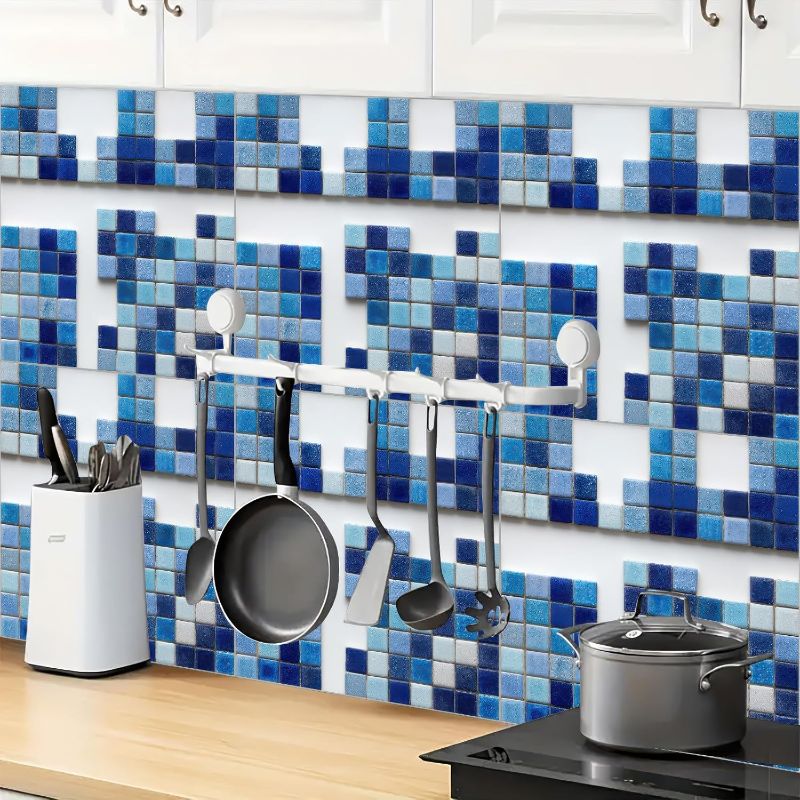 Photo 1 of 10PCS 12x12 Inch Peel and Stick Floor Tiles Self Adhesive Vinyl Flooring Tile Retro Blue Mosaic Removable Decals Bathroom Kitchen Laundry DIY Home Decoration