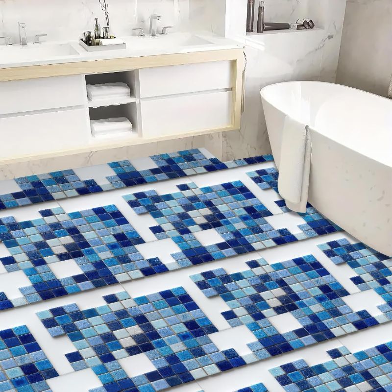 Photo 1 of 10PCS 12x12 Inch Peel and Stick Floor Tiles Self Adhesive Vinyl Flooring Tile Retro Blue Mosaic Removable Decals Bathroom Kitchen Laundry DIY Home Decoration