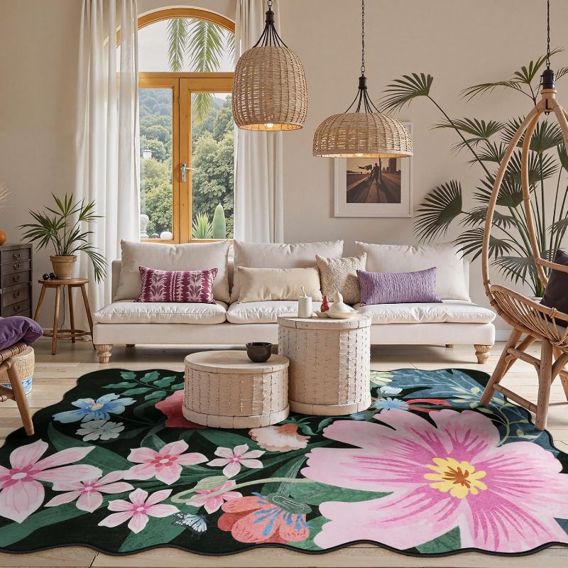 Photo 1 of Floral 5x7 Boho Area Rugs for Living Room,Flower Black Washable Rug for Bedroom,Non Slip Scalloped Insect Botanical Indoor Throw Carpet for Dining Room Kitchen Office Entryway (Black,5 x 7)