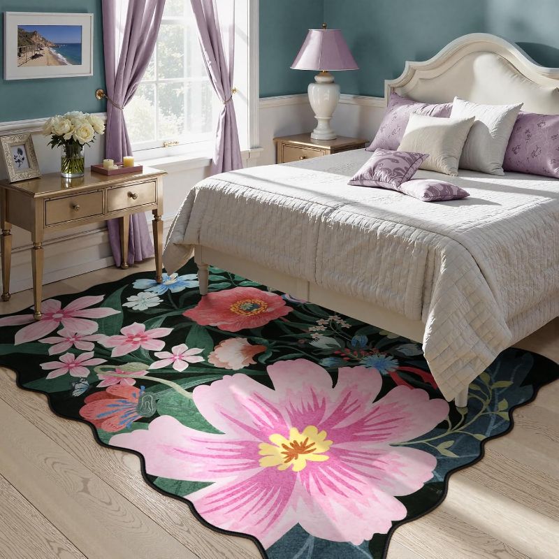 Photo 1 of Floral 5x7 Boho Area Rugs for Living Room,Flower Black Washable Rug for Bedroom,Non Slip Scalloped Insect Botanical Indoor Throw Carpet for Dining Room Kitchen Office Entryway (Black,5 x 7)