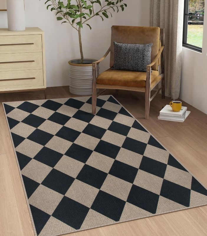 Photo 1 of  Checkered Area Rug, 3x5 Indoor Outdoor Entryway Rug Washable Black Modern Diamond Kitchen Rugs, Non-Slip Neutral Farmhouse Throw Carpet for Living Room Patio Kids Room