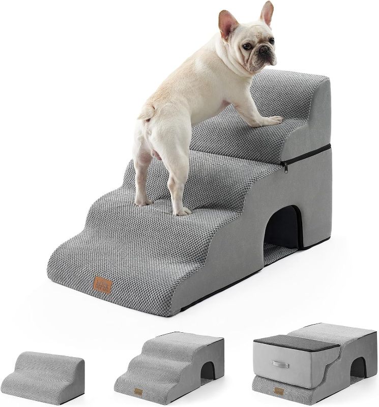 Photo 1 of Wide Dog Stairs with Tunnel, Foam Detachable Large Dog Step for Small Pet, Puppy or Cats, Medium Pet Ramp for High Bed, Couch, Sofa or Car, 19.7x33x22.4 inch, 5 Step, Grey