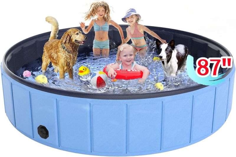 Photo 1 of Large Foldable Dog Pool 87"x16", Hyperzoo Oversize Foldable Dog Swimming Pool, Hard Plastic PVC Leakproof Doggie Wading Collapsible Pet Bathing Tub for Puppy Small Medium Large Dogs and Kids, Blue