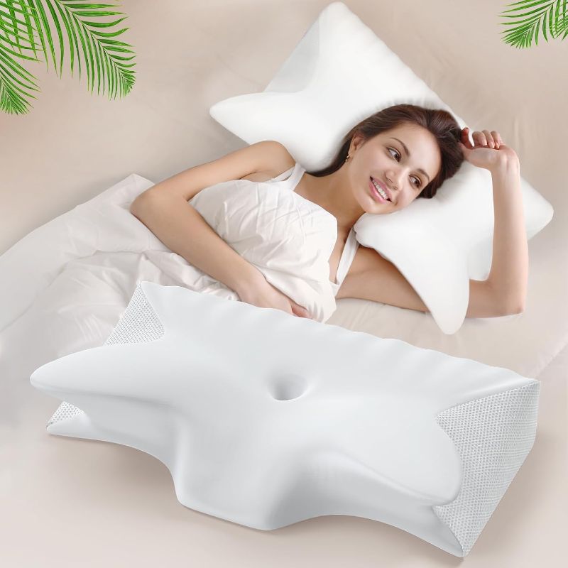 Photo 1 of Cervical Neck Pillow for Pain Relief Sleeping, Ergonomic Memory Foam Pillows, Orthopedic Contour Neck Support Pillows with Cooling Pillowcase for Side, Back, and Stomach Sleeper, White
