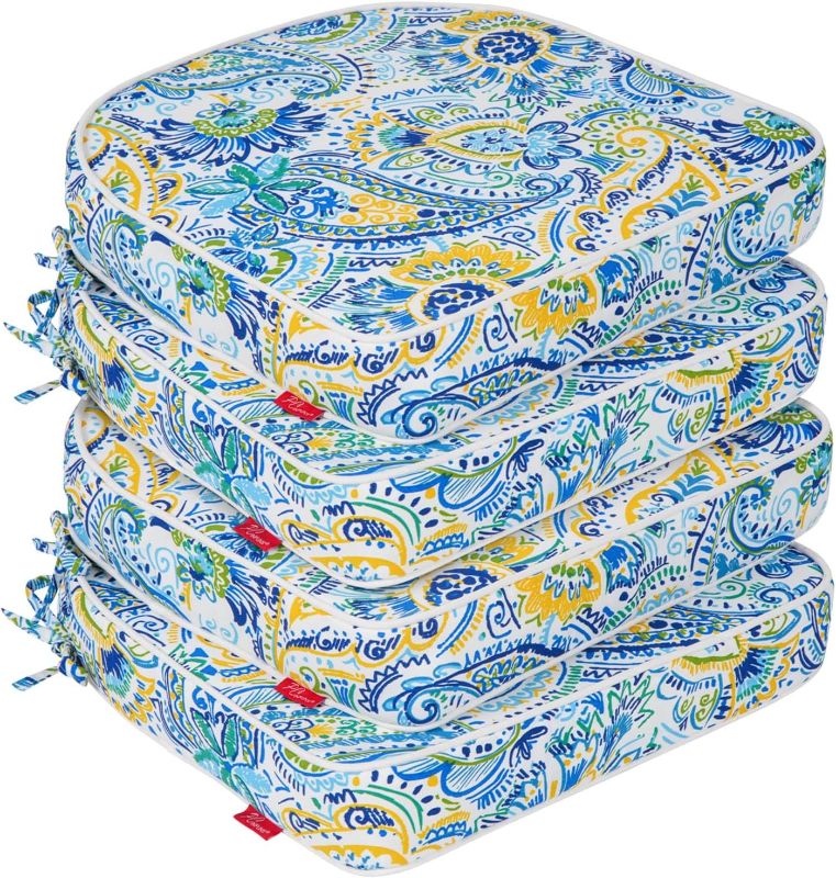 Photo 1 of Outdoor Chair Cushions 17"x16"x3" Set of 6,Memory Foam Seat Cushion for Patio Furniture with Ties,Removable Cover Hidden Zipper Round Corner for Yard Garden,Blue Phoenix